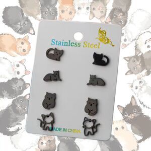 4 Pairs of Black Stainless Steel Cat Kitty Earrings